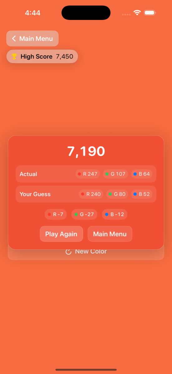 Color Guesser result screen showing per-channel deltas