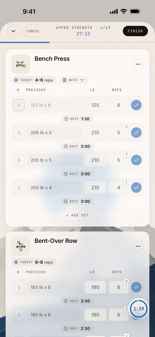 A workout in progress in JIM, logging sets, reps and rest