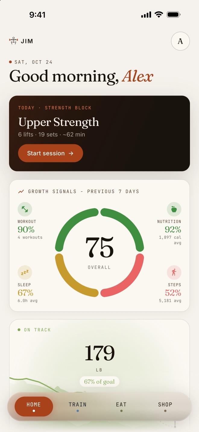 JIM's Home screen: today's workout, the Growth Signals ring and progress