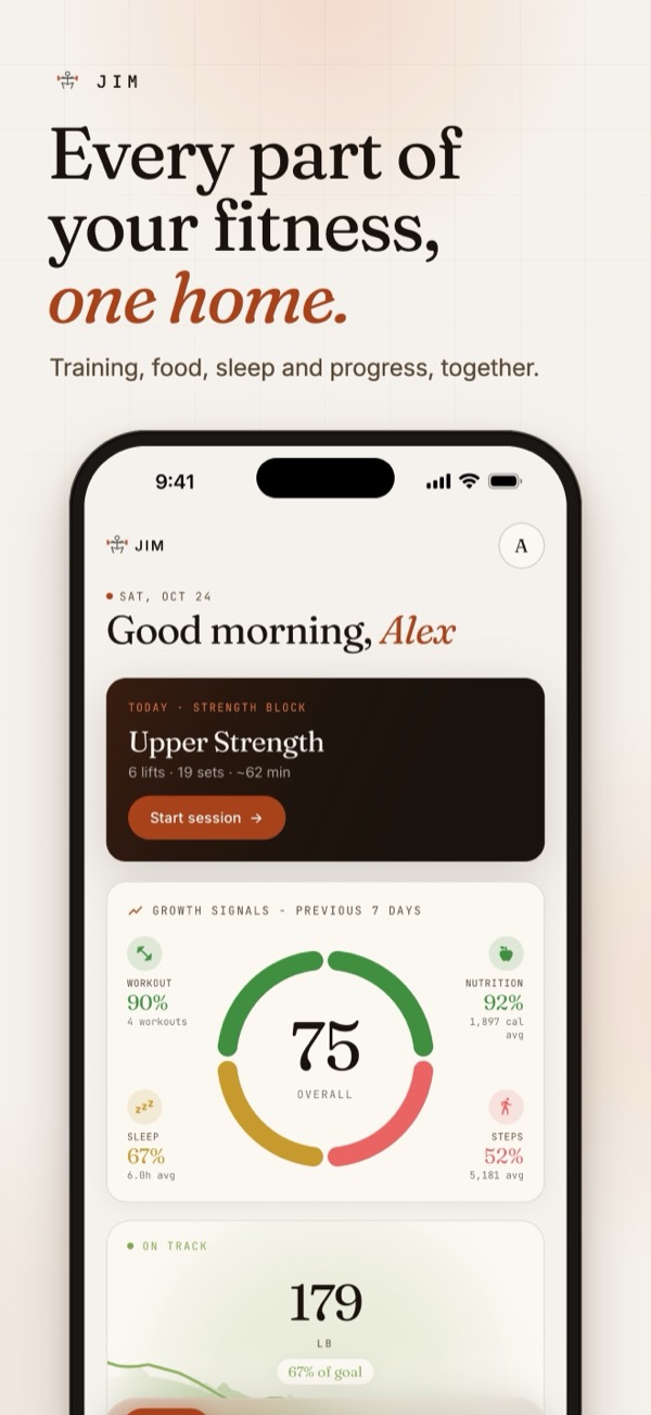 Every part of your fitness, one home: JIM's Home screen