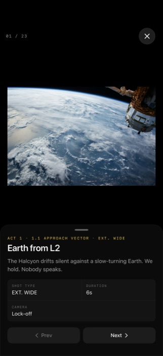 A single shot in Storyboarder on iPhone, with its shot type, duration and camera move